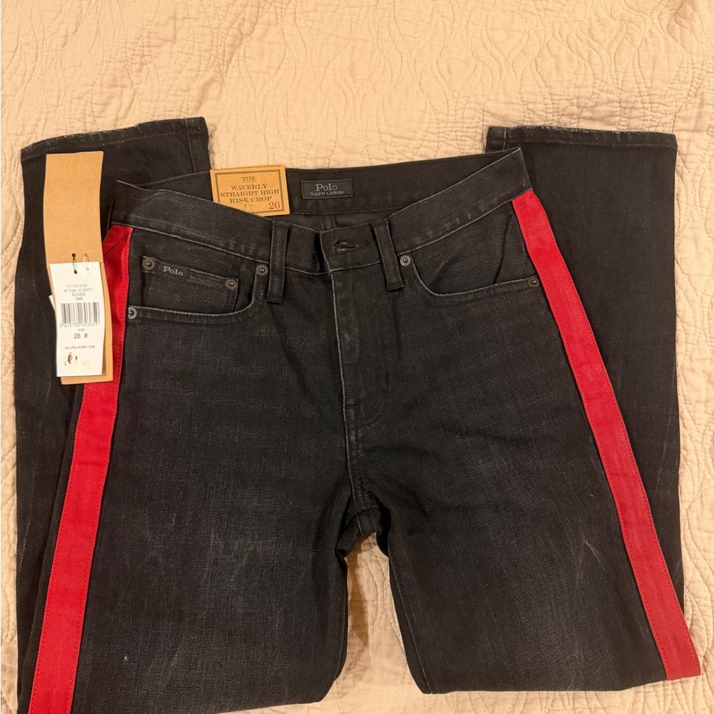 Polo by Ralph Lauren Black Straight-Leg Jeans with Red Side Stripes